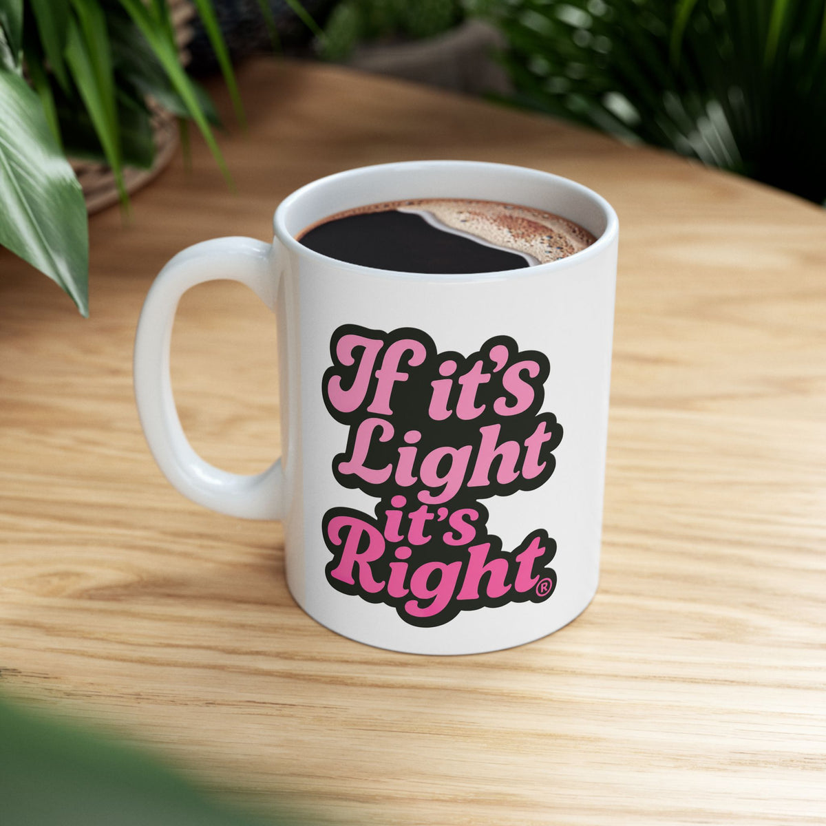 Retro Script Ceramic Mug - "This Light Right" Pink & Black Coffee Cup